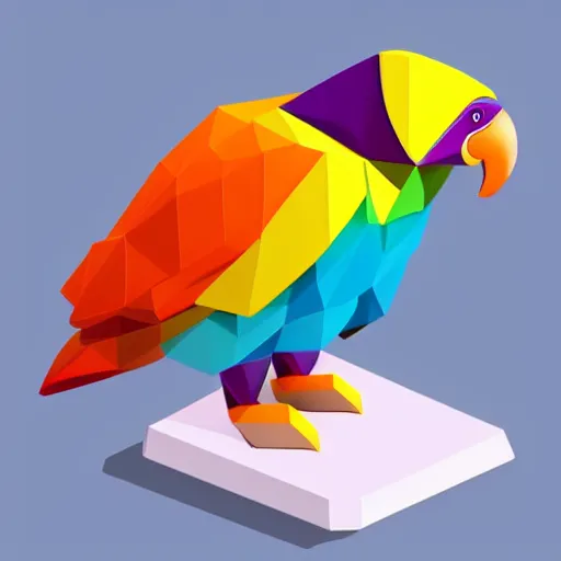 Image similar to isometric vector low poly rainbow parrot icon, white background, cgsociety, volumetric, lighting