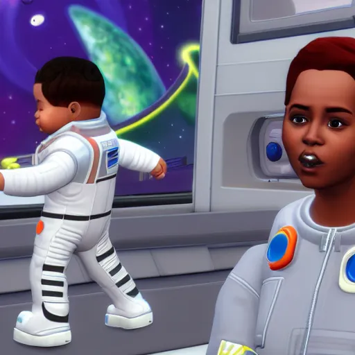 Image similar to a baby astronaut in space, the sims 4