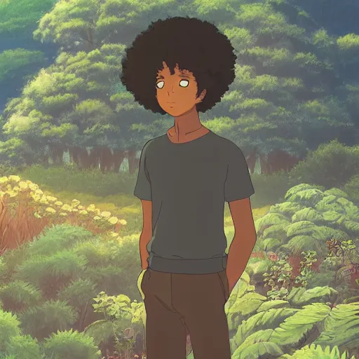 Image similar to dark skin man in studio ghibli film, standing alone in the middle of nature, dreamy, wide shot, intricate details, curly hair