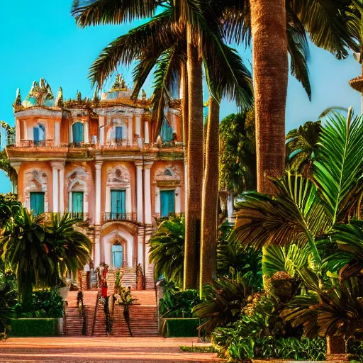 Prompt: a ultradetailed beautiful photo of the amazonas palace, trending on artstation, mediterranean, palm trees, light sparkles, sharp focus, soft light, 8 k 4 k