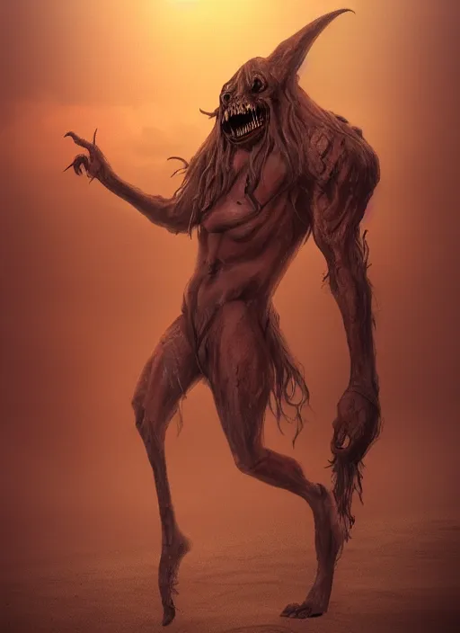 Image similar to terrific jinn demon in middle of beach with hoof on his feet with long cloth, horror, dark atmosphere, harsh lighting, cinematic lighting, scary, award wining art, artstation, high details, concept art, 4 k