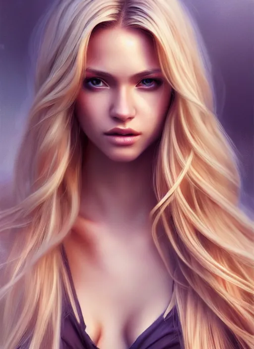 Image similar to photo of a gorgeous female with long blonde hair in the style of stefan kostic, realistic, body shot, sharp focus, 8 k high definition, insanely detailed, intricate, elegant, art by stanley lau and artgerm, floating embers