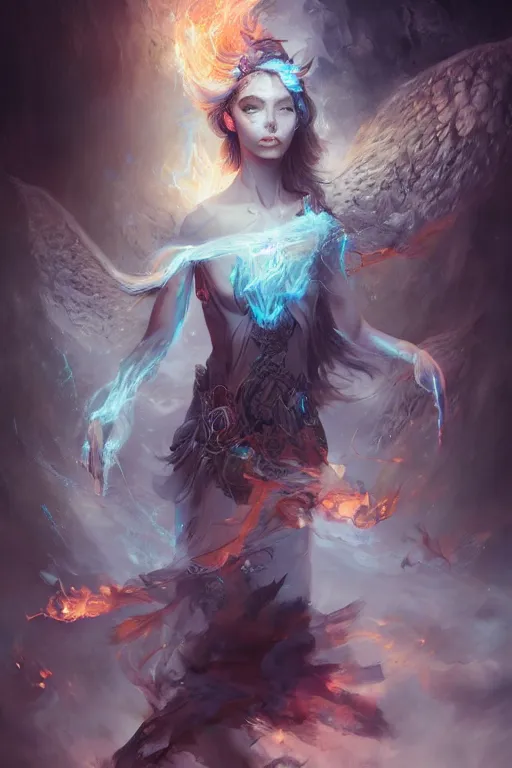 Image similar to beautiful girl sorcerer transforming into fire and ice, casting magic spell, angel, fantasy, magic the gathering, hyper detailed, 3 d render, hyper realistic detailed portrait, peter mohrbacher, wlop, ruan jia, luis royo