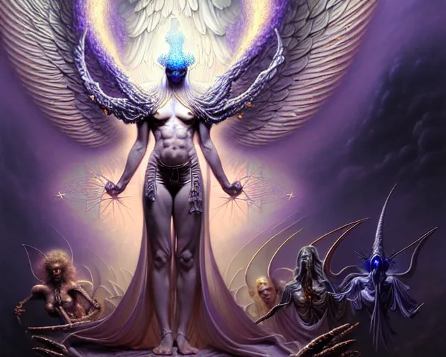 Prompt: the angel of transcendence surrounded by an army of demons, fantasy character portrait made of fractals facing each other, ultra realistic, wide angle, intricate details, the fifth element artifacts, highly detailed by peter mohrbacher, hajime sorayama, wayne barlowe, boris vallejo, aaron horkey, gaston bussiere, craig mullins