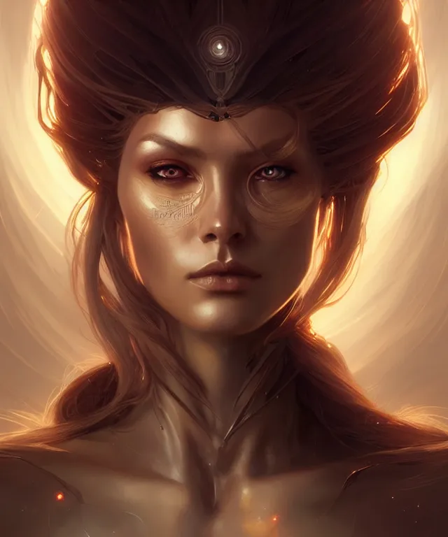 Image similar to futuristic woman portrait, sci-fi, amber eyes, face, long hair, fantasy, intricate, elegant, highly detailed, digital painting, artstation, concept art, smooth, sharp focus, illustration, art by artgerm and greg rutkowski and alphonse mucha