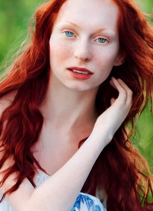 Image similar to close up portrait photograph of a thin young redhead woman with russian descent, sunbathed skin, with deep blue eyes. Wavy long maroon colored hair. she looks directly at the camera. Slightly open mouth, face takes up half of the photo. a park visible in the background. 55mm nikon. Intricate. Very detailed 8k texture. Sharp. Cinematic post-processing. Award winning portrait photography. Sharp eyes.