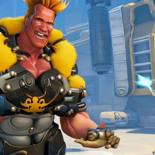 Image similar to a screenshot of arnold schwarzenegger as junkrat in overwatch