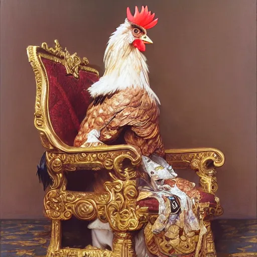 Image similar to portrait of the emperor of japan dressed as a chicken, sitting on his throne at his palace, highly detailed painting by gaston bussiere, craig mullins, j. c. leyendecker 8 k