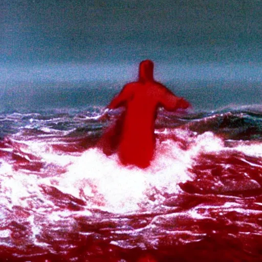 Image similar to the anti - christ rising from a red ocean. photograph from a horror movie.