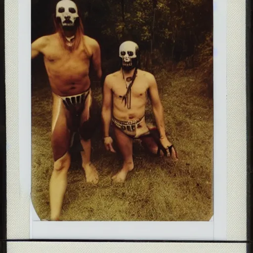 Image similar to polaroid of skull white tribes men by Tarkovsky