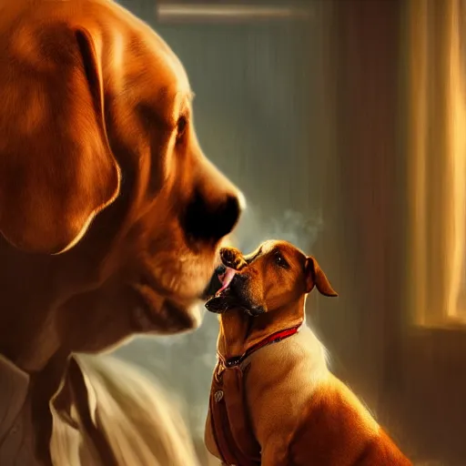 Image similar to a dog wearing smoking a cigar, dramatic lighting, cinematic, establishing shot, extremly high detail, photorealistic, cinematic lighting, concept art, artstation, style by greg rutkowsky