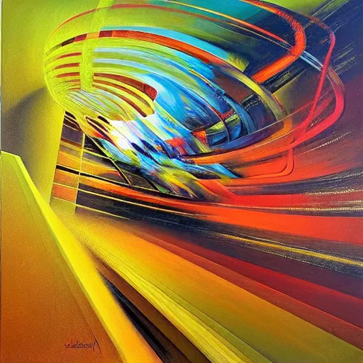 Image similar to abstract art representing momentum, oil painting by john berkey and gabriel dawe, masterwork