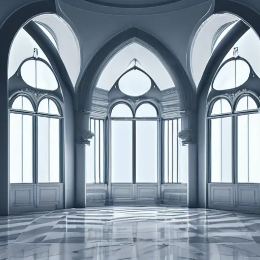 Prompt: white marble room arched windows, neon fluorescent lights, cinematic, octane render, detailed illustration, character portrait, by Martin Grip and Moebius,