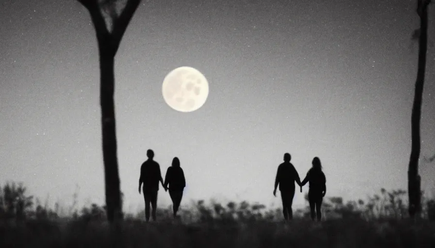 Image similar to happy lovers leaving together in the night, walking towards the full moon, cinematic lighting, wow, establishing shot