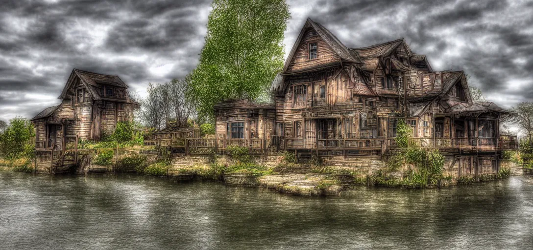 Image similar to house, river, steampunk, 8k, realistic, high definition, 10 bit colour, hdr