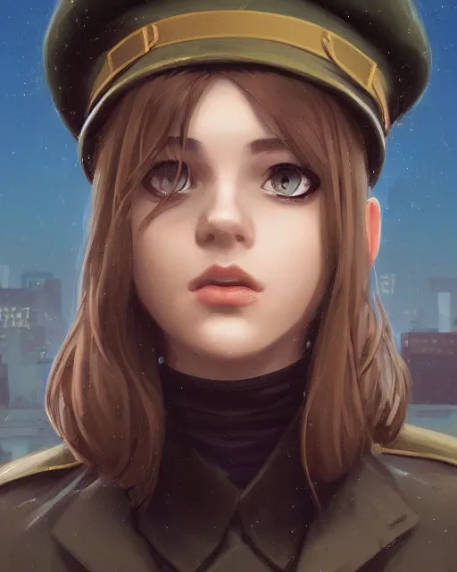 Prompt: symmetrical portrait bust of young woman with shoulder length light brown hair and hazel eyes dressed in a sharp dark teal military uniform and beret, blurred city background in twilight lighting, ilya kuvshinov, anime, greg rutkowski, guweiz, ross tran, artstation trending, artgerm, concept art, digital painting, painterly