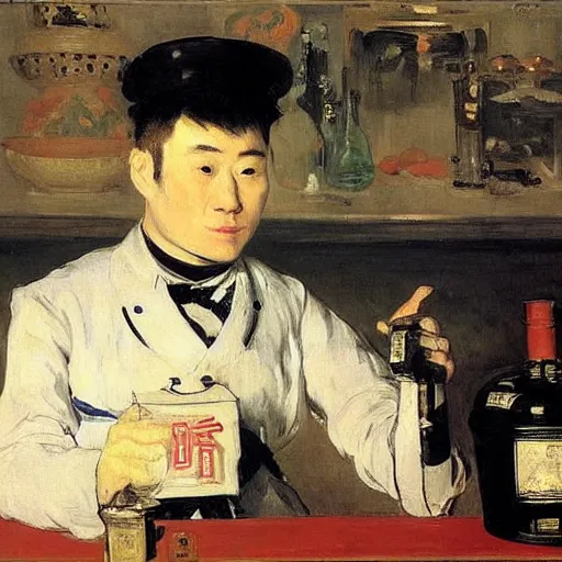 Image similar to portrait of a male chinese robot bartender by edouard manet