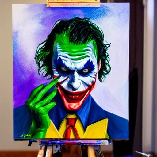 Image similar to photograph of the joker ( 2 0 1 9 ) as a professional artist, standing at an easel with paint, photograph, 3 5 mm, 8 k