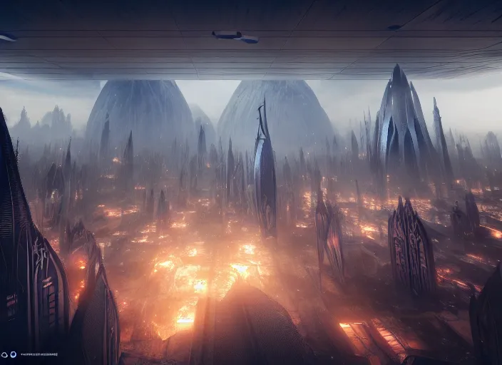 Image similar to inside a futuristic elven city, highly detailed, 8 k, hdr, award - winning, octane render, trending on artstation, volumetric lighting