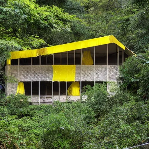 Image similar to exterior shot of a brutalist concrete house with translucent yellow mesh tarps in a dense jungle