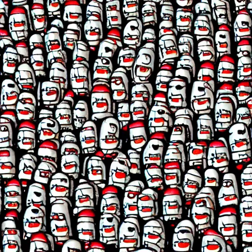 Prompt: tiny robot hiding in where's wally picture. illustrated by martin handford, high detailed, high complexity. photorealistic