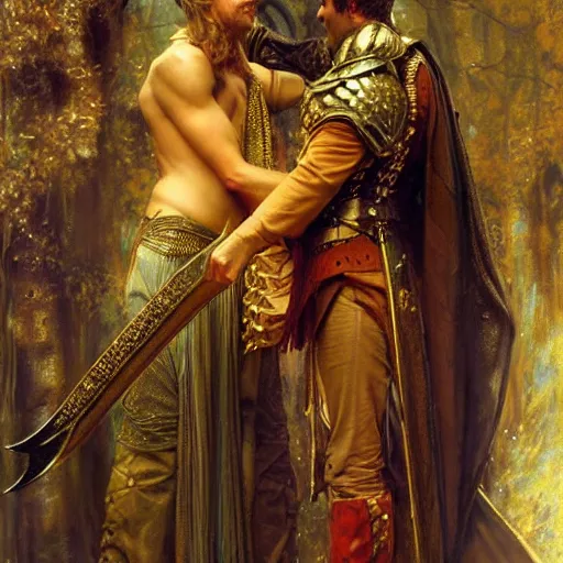 Image similar to stunning arthur pendragon in love with stunning male merlin the mage. they are close to each other. highly detailed painting by gaston bussiere, craig mullins, j. c. leyendecker