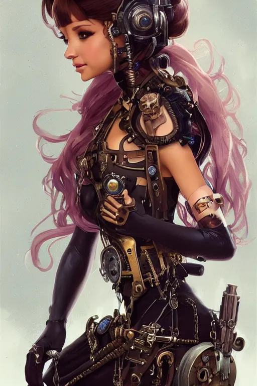 Image similar to ariana grande as a steampunk cyborg, portrait, western, steampunk, duster, fantasy, intricate, elegant, highly detailed, digital painting, artstation, concept art, sharp focus, illustration, art by artgerm and greg rutkowski and alphonse mucha