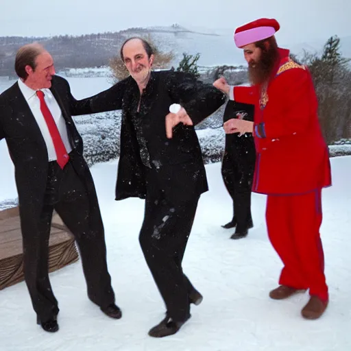 Prompt: bin laden dancing with king juan carlos, in the middle of a snowy landscape