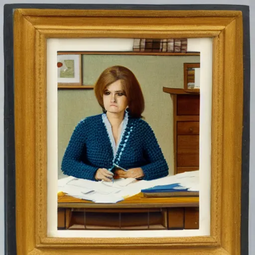 Prompt: a portrait of a secretary sitting behind a desk, 1 9 7 0 th knitted burda style,