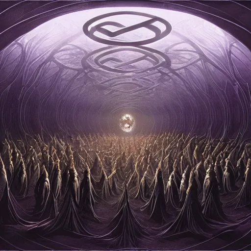 Image similar to a dark cabal of multiple hooded elven mystics in long robes gathered in a circular formation around a quantum computer, advanced technology, dan seagrave, michael whelan art, beautifully detailed epic scifi art, symmetrical, cgsociety, artstation