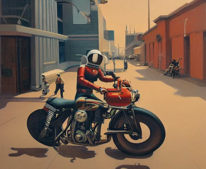 Image similar to a very detailed painting of a astronaut wearing a suit, riding a motorbike down a street, harley davidson motorbike, worm's - eye view, very fine brush strokes, very aesthetic, very futuristic, in the style of edward hopper and grant wood and syd mead, 4 k,