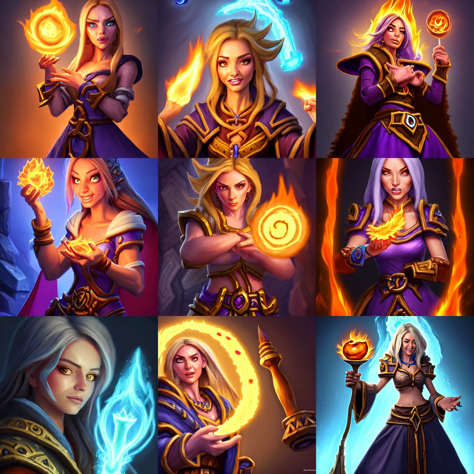 Prompt: Hearthstone official professional art, with realistic beautiful face & eyes & full body. A sorceress, wearing a robe casting a fire ball. Insanely coherent physical body parts (face, arms, legs, hair, eyes). Full body realistic, sharp focus, 8k high definition, insanely detailed, intricate, elegant, smooth, sharp focus, illustration, ArtStation