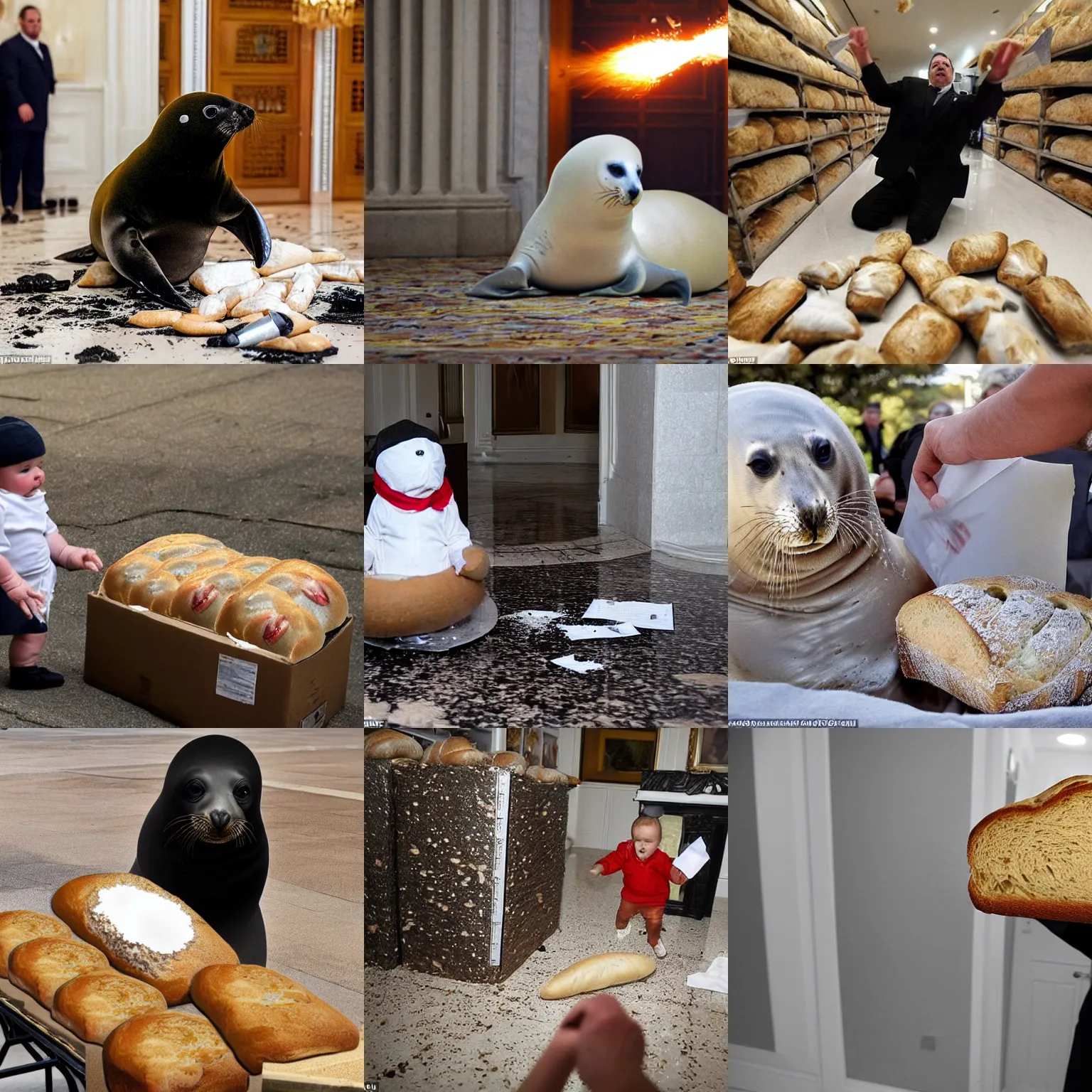 Prompt: action shot of nuclear weapons documents exploding out everywhere in mar - a - lago as a baby seal! agent disguised as a loaf of bread raids the facility