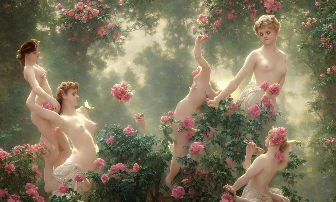 Image similar to a luminous springtime fairytale of beautiful realistic Angela Lansbury with a pretty face dancing with an iridescent dragon in a romantic rose garden. Neon light, masterpiece 4k digital illustration by Artgerm and William-Adolphe Bouguereau, award winning, Artstation, Gustave Dore\' background, intricate details, realistic, panoramic view, volumetric lighting, Hyperdetailed, 8k resolution, intricate art nouveau, golden hour, rendered in Unreal Engine 3