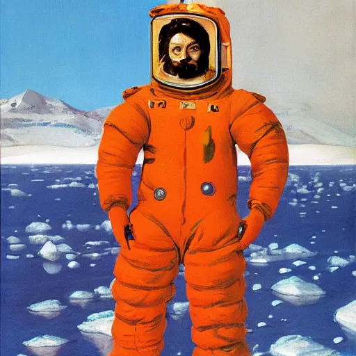 Prompt: man in orange polar astronaut suit standing in the arctic, painterly style of dali