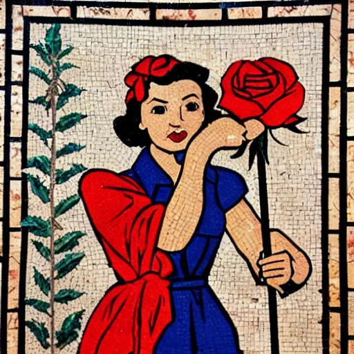 Image similar to Rosie the riveter holding a hammer and sickle, wearing a red rose, on roman mosaic