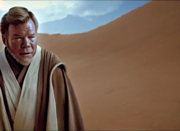 Prompt: young william shatner as obi - wan kenobi, wearing a robe, in star wars : the force awakens ( 2 0 1 5 ). movie still