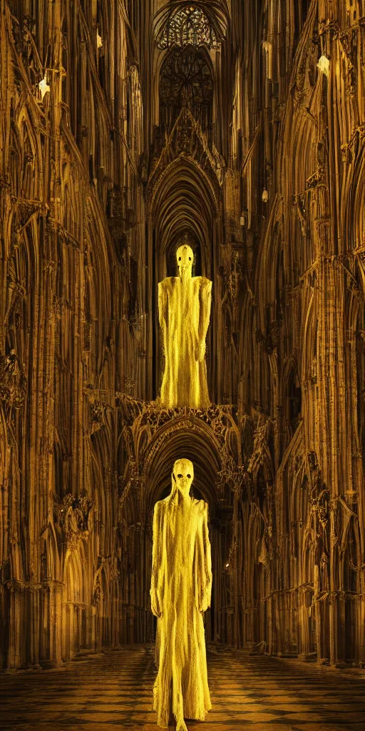 Image similar to a tall pale humanoid being sitting upon an ornate stone throne, 4K, digital art, horror, dramatic, wearing a long yellow rotting garment, dark, hyperrealistic, perspective, complex (((dark))) cathedral background with volumetric lights coming in through cathedral windows, dark background, highlights,