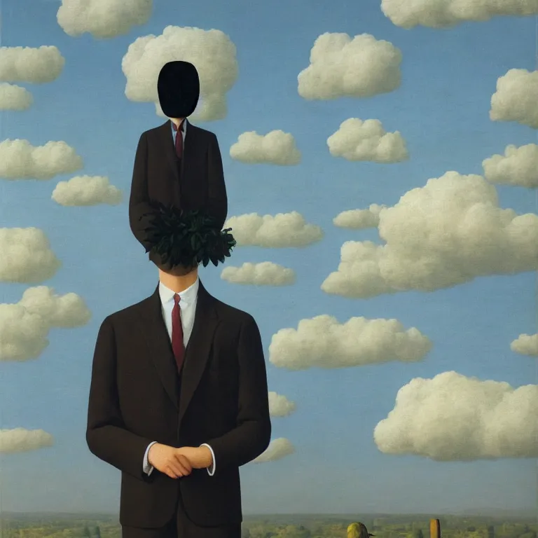 Image similar to portrait of a faceless beautiful flower - head man in a suit, clouds in the background, by rene magritte, detailed painting, distance, middle centered, hd, hq, high resolution, high detail, 4 k, 8 k