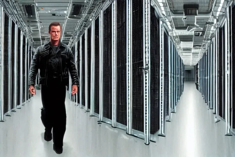 Prompt: t 8 0 0 from movie terminator 1 9 8 4, staying in data center.