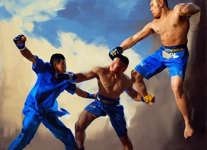 Image similar to greg manchess painting of a filipino mma fighter in a swordfight with a blond man in a blue suit, organic painting, sunny day, matte painting, bold shapes, hard edges, street art, trending on artstation, by huang guangjian, gil elvgren, ruan jia, randy vargas, greg rutkowski