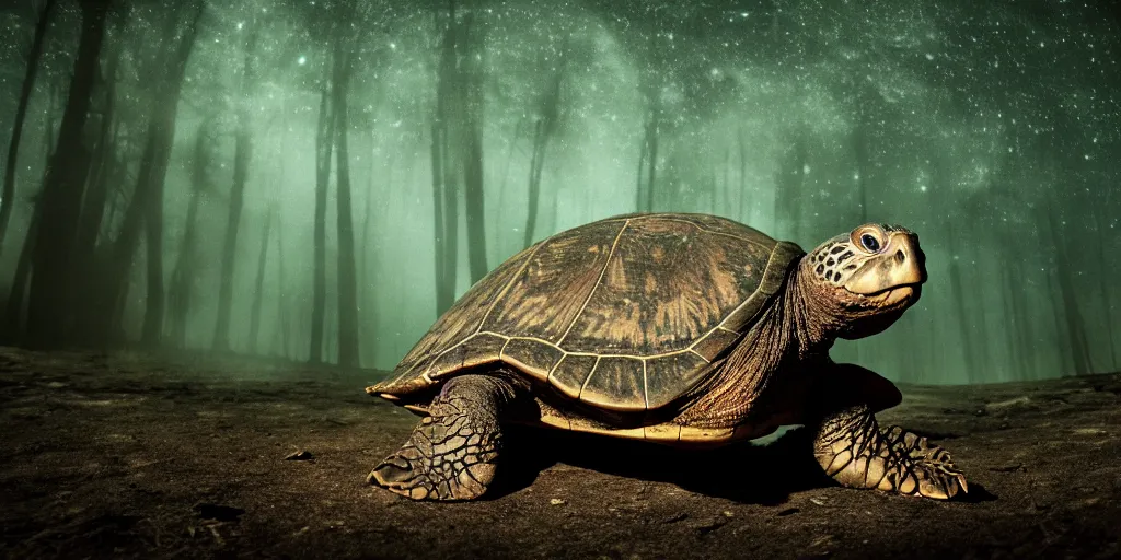 Image similar to huge turtle with in a ancient bioluminescent forest on its back, full moon, moody lighting, 8 k, shallow depth of field, intricate detail,