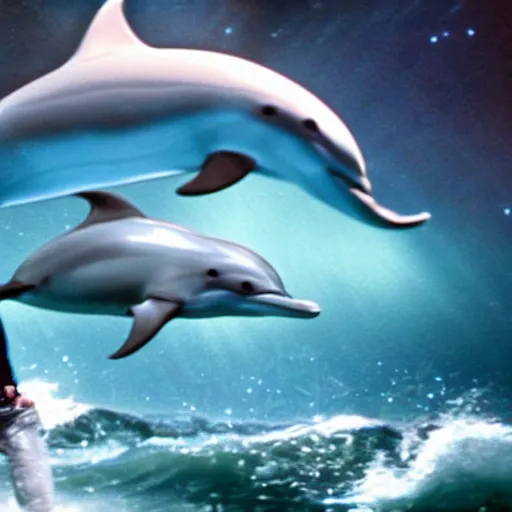 Prompt: betty white riding a dolphin through space, cinematic vfx