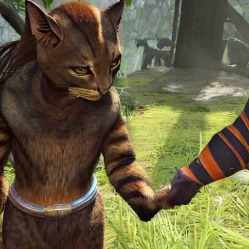 Prompt: Petting a Khajiit and encountering mild bemusement