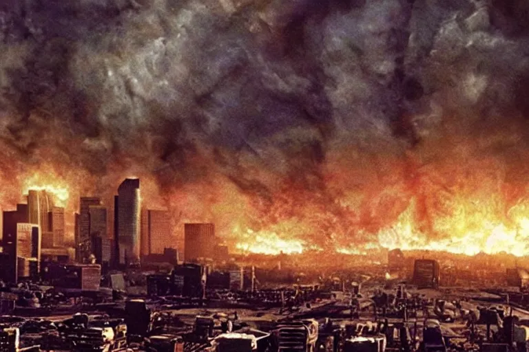 Prompt: An apocalyptic scene of Los Angeles destroyed after the alien invasion, 70mm Imax, Cinematic, Film Still, Directed by Michael bay