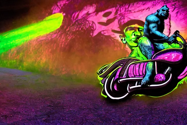 Image similar to high quality cinematic action shot of an orc doing a wheelie on a motorcycle, psychedelic blacklight airbrush art