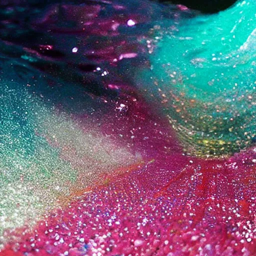 Image similar to glitter and painting mixing underwater turbulence, macro-photography, slow-motion capture