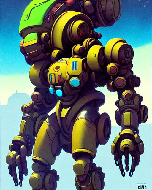 Image similar to orisa from overwatch, character portrait, portrait, close up, concept art, intricate details, highly detailed, vintage sci - fi poster, retro future, in the style of chris foss, rodger dean, moebius, michael whelan, and gustave dore