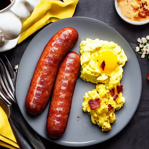 Image similar to bacon sausages scrambled eggs, hyper realistic, award winning food photography