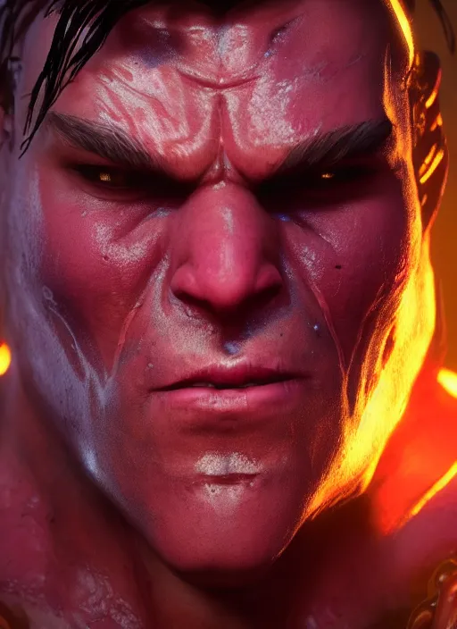 Image similar to glowwave portrait of a muscular demon, au naturel, hyper detailed, digital art, trending in artstation, cinematic lighting, studio quality, smooth render, unreal engine 5 rendered, octane rendered, art style by pixar dreamworks warner bros disney red dead redemption far cry doom cyberpunk 2 0 7 7 riot games and overwatch.